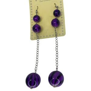 Silver Tone Chain Drop Earrings Marble Beads Style Fashion Trendy Stunning Chic